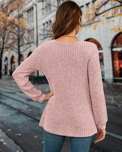 Lightweight Sweaters for Women Lantern Sleeve Henley Tshirt Fall Casual Crewneck Button Tunic Tops