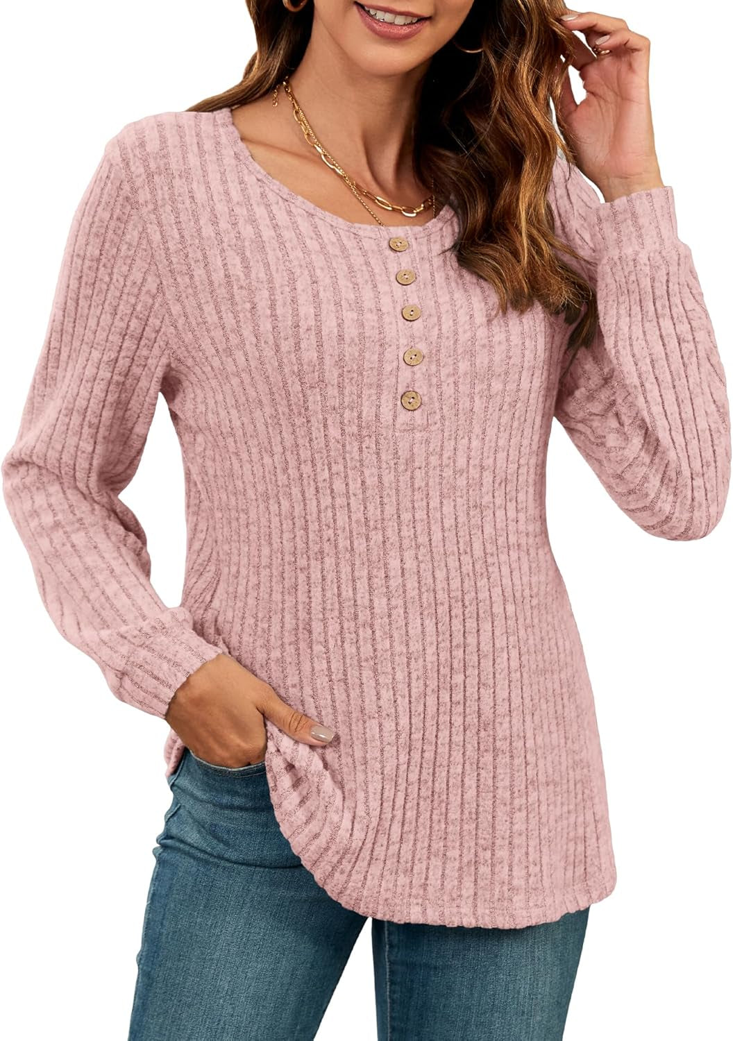 Lightweight Sweaters for Women Lantern Sleeve Henley Tshirt Fall Casual Crewneck Button Tunic Tops