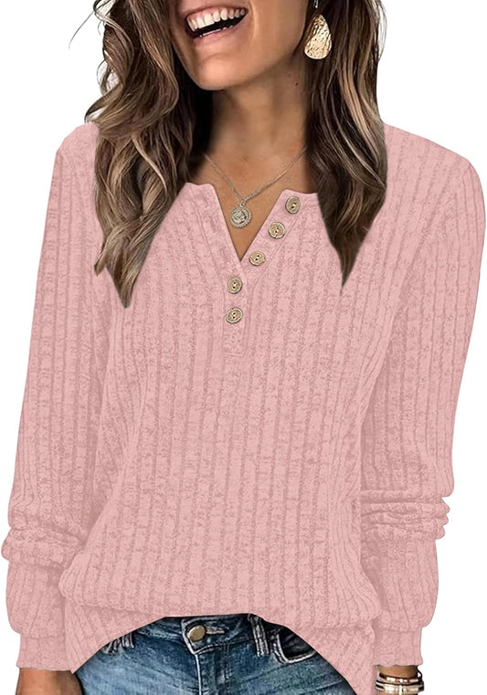 Lightweight Sweaters for Women Lantern Sleeve Henley Tshirt Fall Casual Crewneck Button Tunic Tops